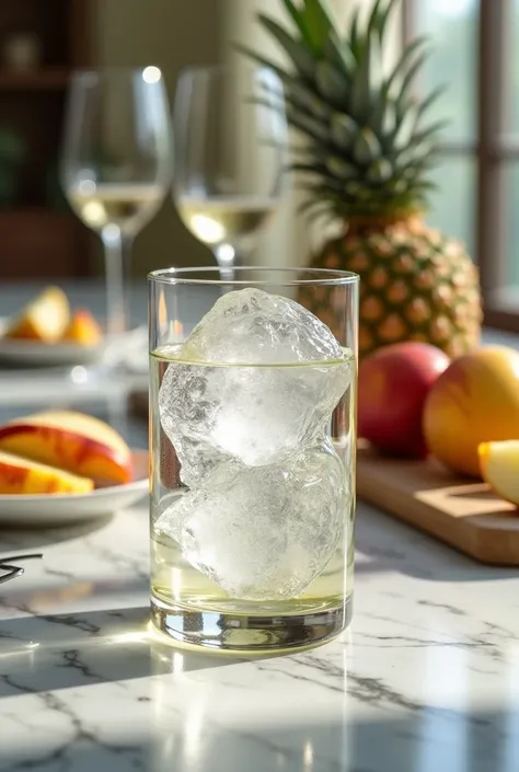  high quality,  8K Ultra HD ,Vinegar in a glass filled with ice,sharp lines, The background is a marble dining table, There are wine glasses and fruits such as apples and pineapples on the table,  Clear Focus , double exposure,realistic, The details are al...