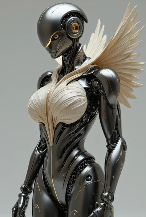  A female humanoid robot ,  designed with a strong and curvilinear body ,  inspired by the elegance and power of a bird .  Its metallic structure is fluid and imposing ,  with layers that mimic the softness of the feathers ,  balancing strength and agility...