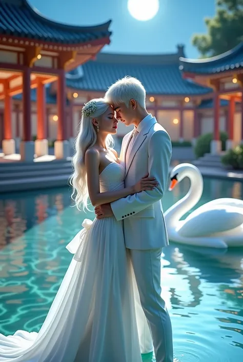  Real Korean girl with completely white semi-wavy hair and very extremely extremely long with bangs, dressed in a long fishtail-mermaid dress in white satin fabric and has a huge bow on the back at the height of her small waist  , big round breasts fitted ...