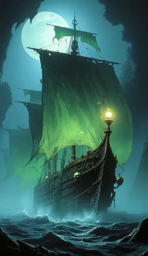 An ancient ghost ship sails through a foggy, moonlit ocean. Its sails are torn and glowing with an eerie green light. The ship’s wooden hull is covered in barnacles, and spectral mist seeps from its cracks. Glowing skull lanterns hang from the mast, castin...