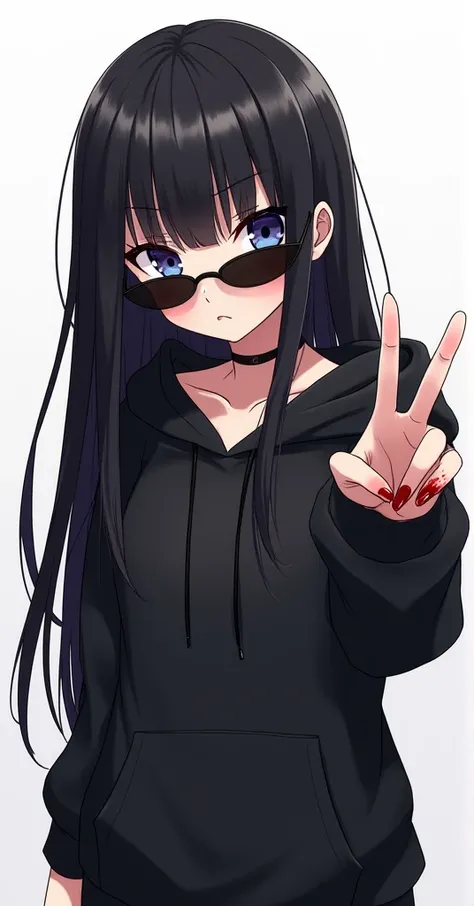 anime girl that has a hoodie, sunglasses and black straight hair with the background being white. she is doing a peace sign and has some blood on her