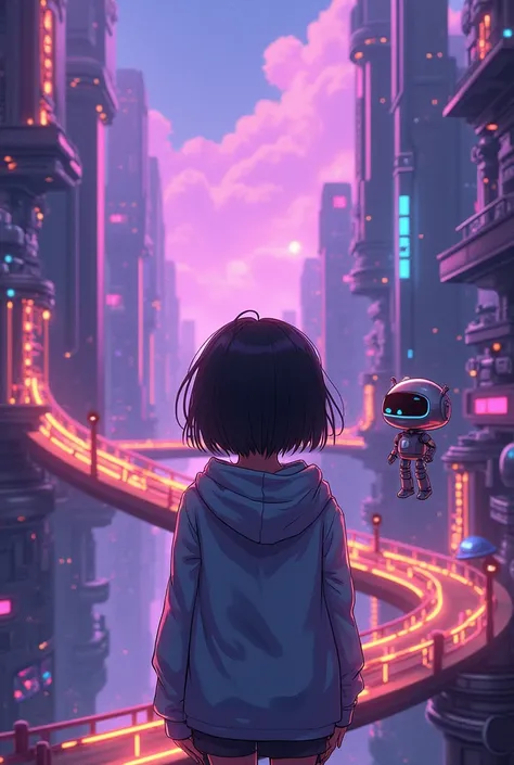 Generate image with this prompt « A  girl in a hoodie stands awestruck in a vibrant futuristic city with violet skies, floating islands, and glowing bridges. A small silver robot with blue eyes hovers near her, surrounded by whirring machines and ribbons o...