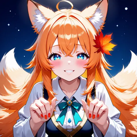 Highly Detailed,High Quality,Fox Girl,Hair Orange,Blue eyes,Maple Leaf on hair,Cute,Hairclip,Long Hair,Wearing cozy clothes,Full Body,Hands with five Fingers,Fantasy,Magic spell,Emotion Happiness,Starry night,magical ambiant