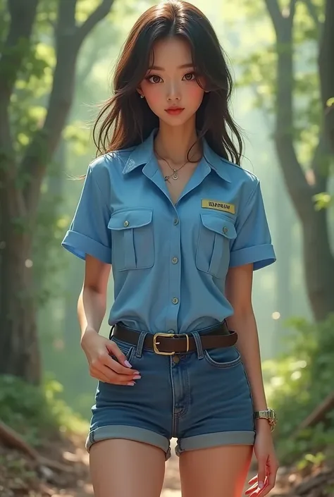 a cute woman from thailand with short sexy sky blue security guard suit .  whole body .  realistic beautiful girl.forest.her face like reference picture. legs appear.   masterpiece.pretty. 18 year old. sexy short jean pant.