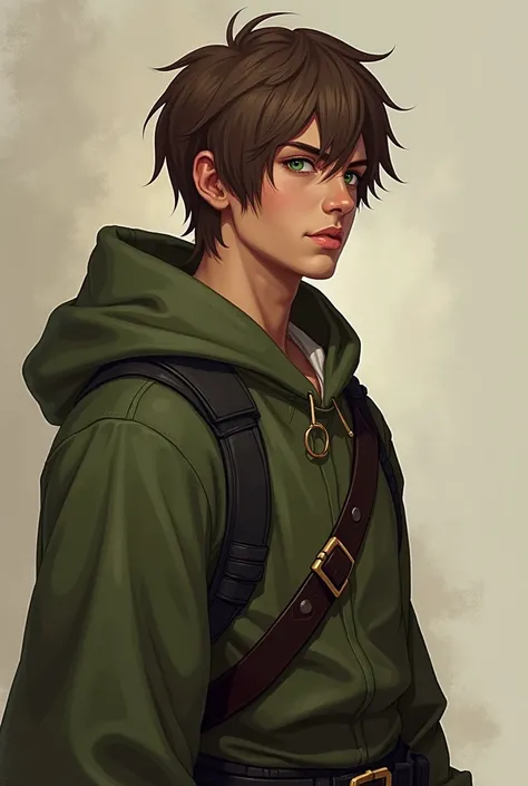 I am participating in an RPG ,  where the physical characteristics of my character , So I would like you to make an image depicting him with the following characteristics:  are necessary. A human with green eyes and brown hair is of average physical height...