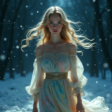 a blond woman with blue eyes in a colorful dress, The flowing hair in the midst of the breeze and icy wind, walking on a dark night