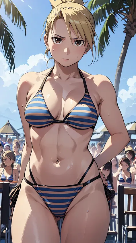 masterpiece,  top quality,  high resolution, One Mature Woman、Hamriz,  ponytail ,  brown eyes,big ,  micro bikini、 beach,Outdoors、 upper body closeup、 muscular body flowing through a bowl、、sweat、  reflect the configuration 、Anime、(((Striped Bikini、Stand in...