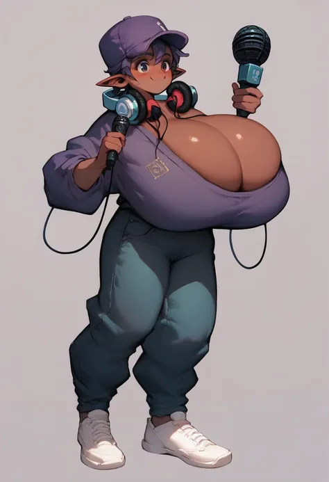 darnell, solo, smile, simple background, holding, standing, shoes, pointy ears, pants, headphones, white footwear, microphone, purple headwear, headphones around neck, dark skinned Gigantic breasts breast enlargement full-body shot blush