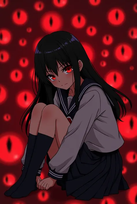 "An anime girl sits curled up in a fetal position, her long, flowing hair cascading around her shoulders, with sharp bangs framing her fierce yet seductive face. Her intense, piercing eyes lock onto the viewer, exuding a mix of quiet dominance and allure. ...