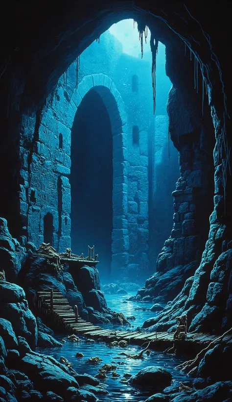 A dark and eerie cave entrance carved into the side of a rocky cliff. The cave emits an unnatural blue glow from mysterious runes on the walls. Inside, there are pools of shimmering water reflecting unknown creatures lurking in the depths. Ancient pirate m...