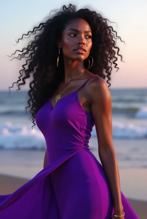 A black woman in a purple dress and black curly hair,far away 