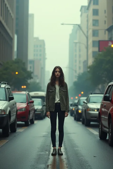 Agirl whom standing in the road alone and many cars around her 