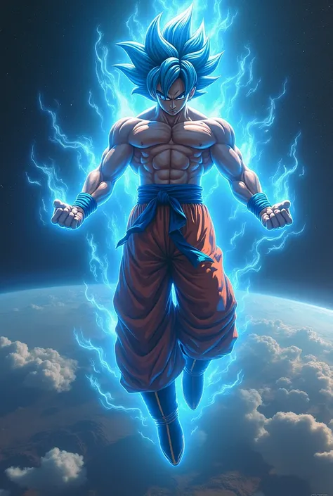 generates an image of hyper realistic Goku with defined muscles in SSJ Blue with a serious face doing the thumbs up gesture and is floating above an entire planet 