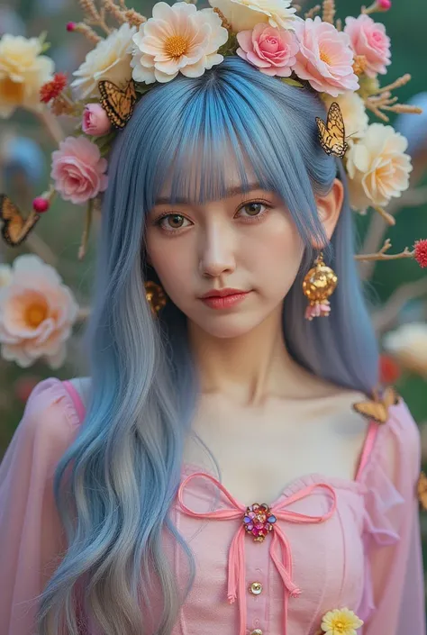 Image of a girl loved by flowers, indescribable beauty, beautiful, ethereal, electrical effects, her skin has chameleonic properties, cuttlefish and octopus, flowers earth butterflies' birds. 
Random pastel colored hair, 
you don't need clothes or jewelry ...