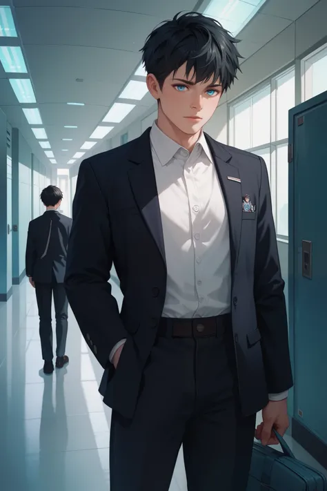  A boy, short black hair with teal details, light blue eyes, neutral expression, school uniform, black jacket with teal accents over a white dress shirt, black dress pants, standing in a futuristic school hallway, cool, detailed