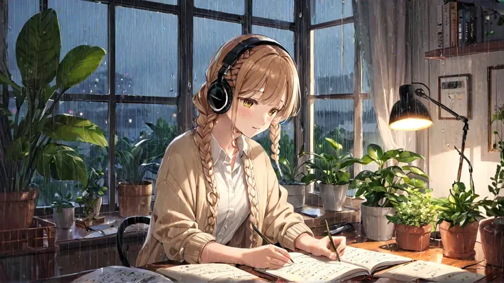  headphones、 Hair、 braids、 white shirt、 beige cardigan 、 headphones、Houseplants、Notes、pencil、 indirect lighting、rain、night、 large window