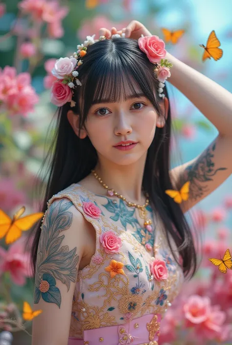 Image of a girl loved by flowers, indescribable beauty, beautiful, ethereal, electrical effects, her skin has chameleonic properties, cuttlefish and octopus, flowers earth butterflies' birds. 
Random pastel colored hair, 
you don't need clothes or jewelry ...