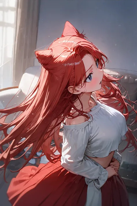  top quality,  super high resolution, 1 woman, ( cute:1.4),  blue eyes, black eyes, Red hair,  can see the forehead,  long hair, 20 years old,  happy expression , living room, bitch,  cute눈, One side of the hair falls behind the ear,  FULL BODY, white hanb...