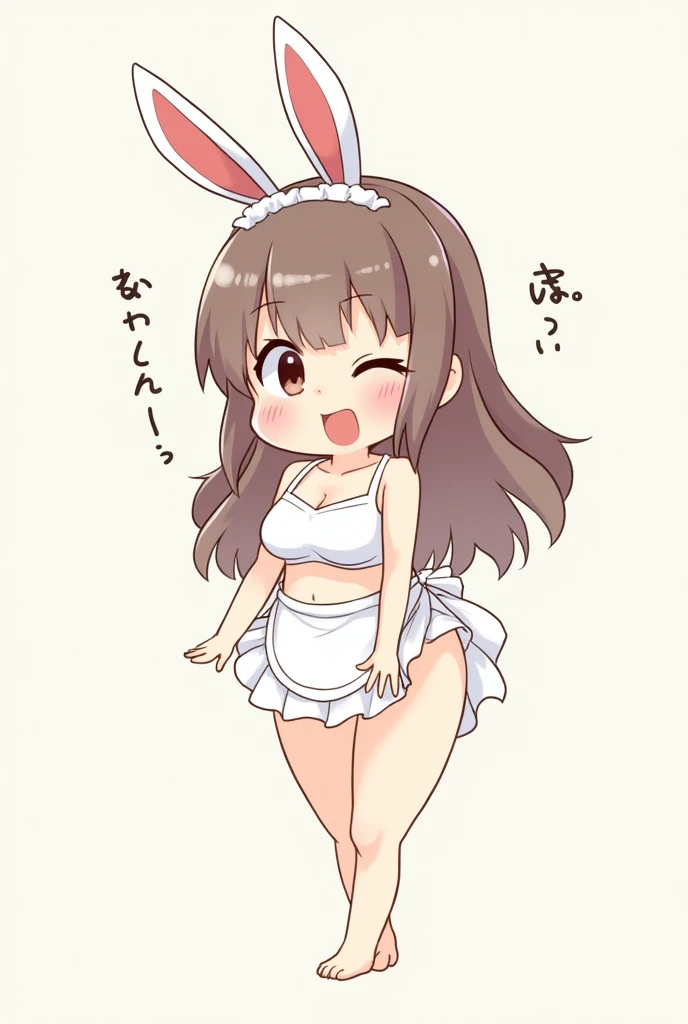   handwritten style chibi character， high definition， Japanimation   　，Moe　 ，woman，　 comics 　 2D　， rabbit ears， white bikini ， apron， estrus，Minimum，  chubby ，Mom，bbw，foot，uninhabited island，Playhouse 