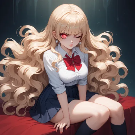 "An anime girl sits curled up in a fetal position, her long, flowing hair cascading around her shoulders, with sharp bangs framing her fierce yet seductive face. Her intense, piercing eyes lock onto the viewer, exuding a mix of quiet dominance and allure. ...