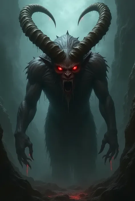 A creepy and sinister creature with red eyes and huge horns 