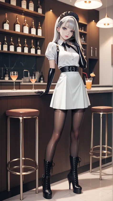 Skinny Goth Girl Waitress Wearing Long Latex Gloves,  pantyhose ,  long high heel boots, leather suspender belt, Silver clothes 