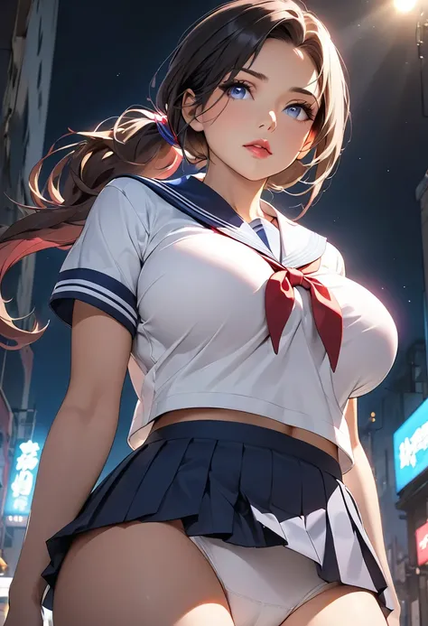 ( greatest masterpiece in history,  top quality :1.331), 1 beautiful Japanese woman,  wonder woman in sailor suit , Mature young woman  :1.331,  white summer sailor suit ,  short sleeve sailor suit on one side ,  dark blue pleated miniskirt ,  White Pantie...