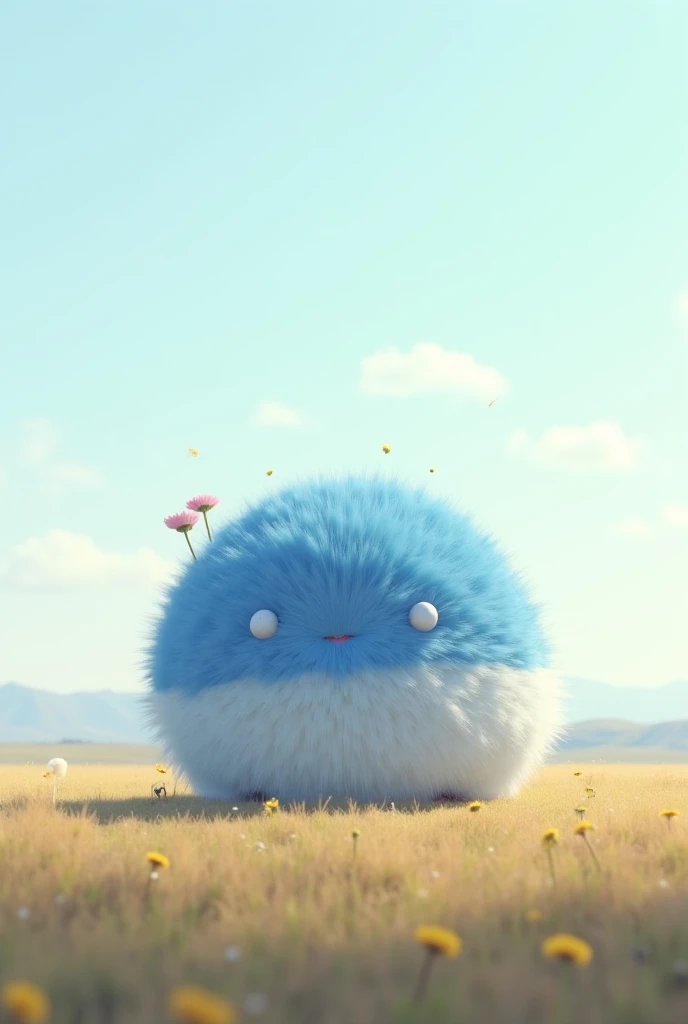 A round creature with a blue and white hairy body on a plain with a horizon