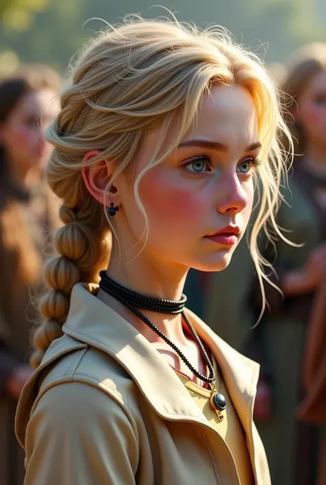 A young girl in a kingdom gathered slong with villagers to get  from monarch32k, Masterpiece, top quality, ((woman)) Blonde, fair skin, rosy cheeks, natural makeup, nude lipstick,  cream jacket, black choker, beaded necklace, earrings, tousled hair, profil...