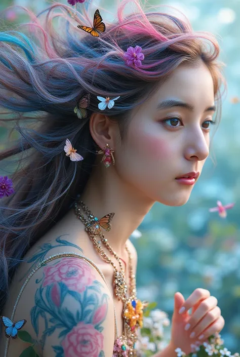 Image of a girl loved by flowers, indescribable beauty, beautiful, ethereal, electrical effects, her skin has chameleonic properties, cuttlefish and octopus, flowers earth butterflies' birds. 
Random pastel colored hair, 
you don't need clothes or jewelry ...