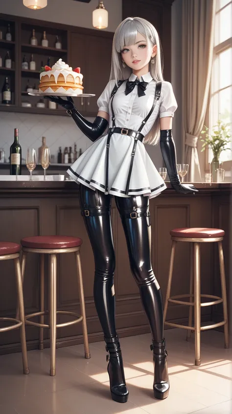 Skinny female waitress wearing long latex gloves,  pantyhose ,  long high heel boots, leather suspender belt, Silver clothes 