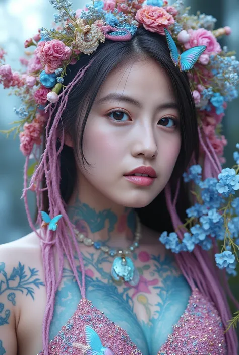 Image of a girl loved by flowers, indescribable beauty, beautiful, ethereal, electrical effects, her skin has chameleonic properties, cuttlefish and octopus, flowers earth butterflies' birds. 
Random pastel colored hair, 
you don't need clothes or jewelry ...