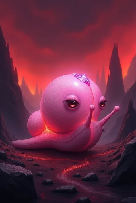 I have a diamond shell in hell、 cute pink snail with a diamond shell in hell and a horror face