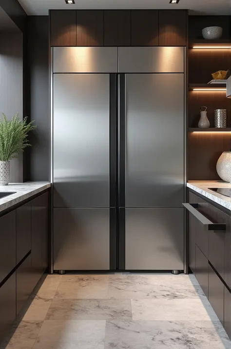  a large refrigerator with doors that slide sideways and that have those doors open