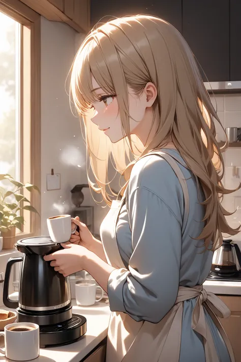 "A warm and intimate anime-style illustration of a beautiful woman with long, straight hair, standing in a cozy home kitchen in the morning. She is wearing a simple yet elegant apron over casual homewear as she prepares coffee. The aroma of freshly brewed ...