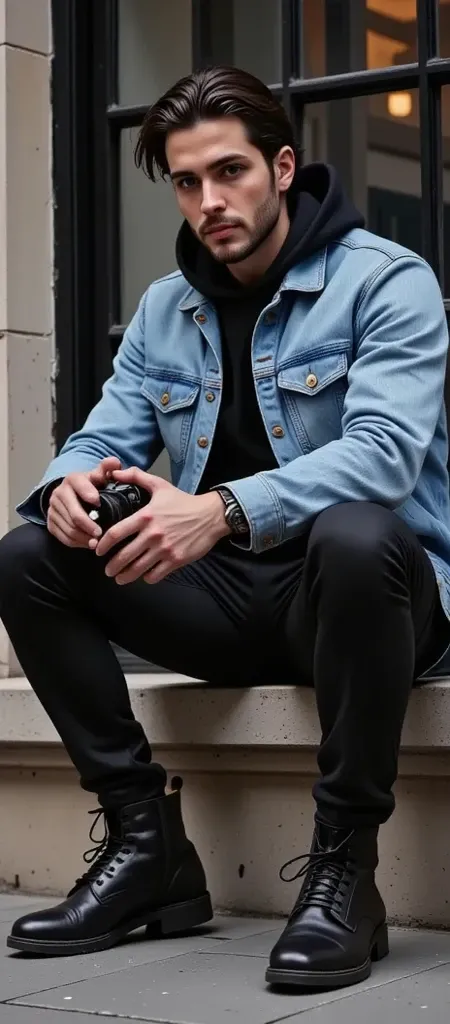  Arafat man sitting on a railing with a camera and a cell phone,  He was wearing a denim jacket , wearing double denim, Wearing denim, detailed style, layered acid wash ,  wearing casual clothing , double denim, in casual clothes,  denim jacket,  denim jac...