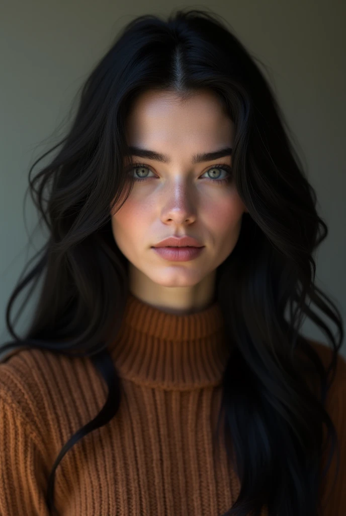 A twenty-eight-year-old girl. He has long black hair, has gray eyes and white skin.  has European features . It looks like a European model. Wear brown sweaters.