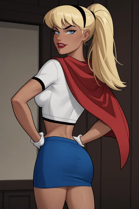 PonyXLV6_Scores BREAK ((parody), perfect anatomy, perfect eyes, cowboy shot) BREAK kara zor-el, long hair, blonde hair, blue eyes, dark-skinned female, lipstick, red lips, flirting, raised eyebrow, ((looking back at viewer)), hairband, cropped shirt, white...