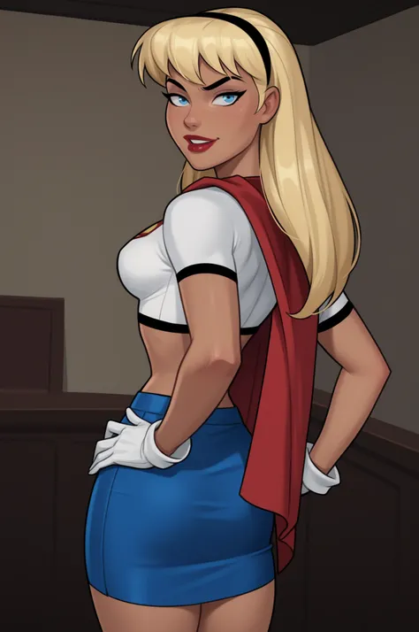 PonyXLV6_Scores BREAK ((parody), perfect anatomy, perfect eyes, cowboy shot) BREAK kara zor-el, long hair, blonde hair, blue eyes, dark-skinned female, lipstick, red lips, flirting, raised eyebrow, ((looking back at viewer)), hairband, cropped shirt, white...