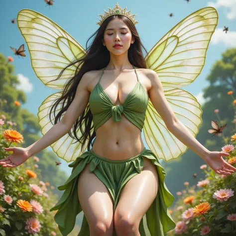  taken from below、Character characteristics: A beautiful fairy queen １It floats above a forest full of ten thousand flowers、Wet skin、Wet hair、Water-soaked butterfly wings、Water-soaked elegant leaf dress、Highly detailed thighs、 Highly Detailed Face 、 beauti...