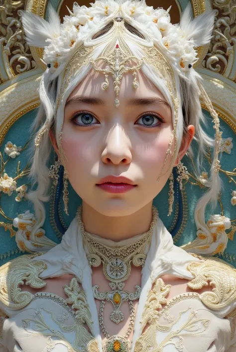 Image of Aztec Princess, best quality, masterpiece, Ultra-high resolution, realistic lying, absurdness, Eye focus, face focus, Clear facial features, Complex 3D rendering of beautiful and charming biomechanical female porcelain figures, (((Has a porcelain ...