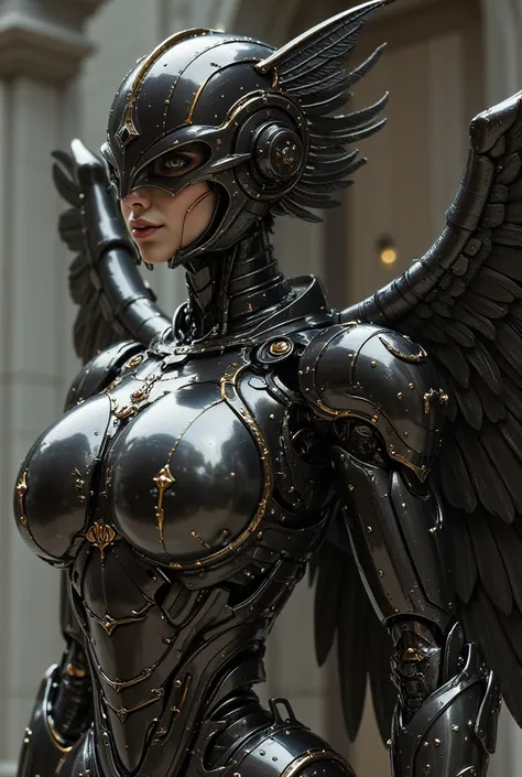  A female humanoid robot , futurist,  designed with a strong and curvilinear body ,  inspired by the lightness and power of a bird .  Its metallic structure is surrounded by advanced armor ,  with layers of metallic alloys that mimic the softness of feathe...