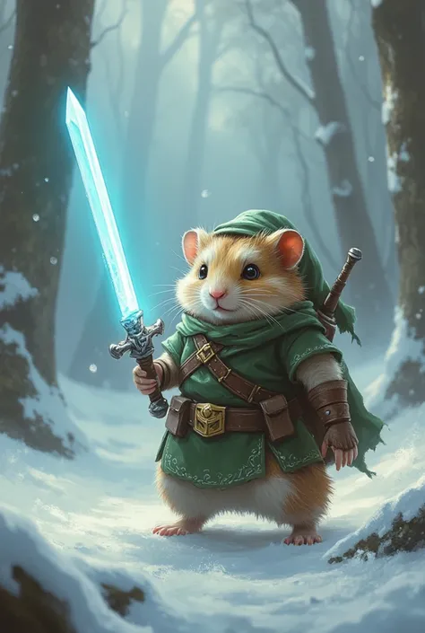 hamster dressed like link from legend of zelda,  masterpiece,  best quality , Super Detail,an epic,4K,snowy forest ,  holds a glowing blue sword, In fantasy art style ,  cinematic light ,  ultra-detailed ,  8k resolution .