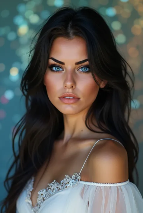 Create a realistic photo of a beautiful young Estonian adult with long black hair ,  blue eyes, has tanned skin , ,  having thick lips and wearing natural mermaid makeup and pink lip gloss on her lips ,  symmetrical face and low cheekbones and wearing a wh...