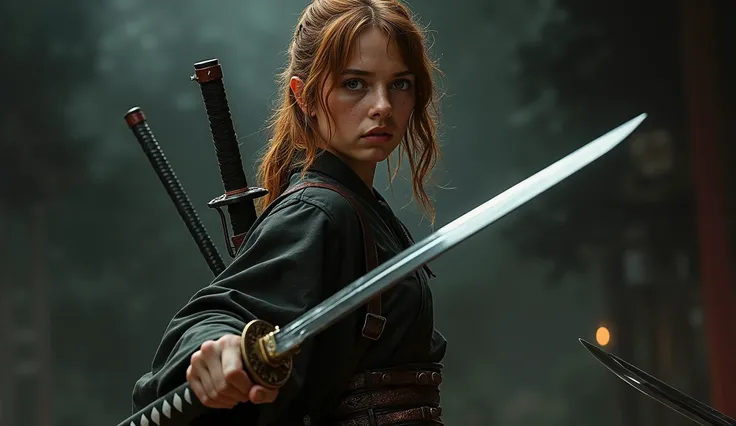 YOUNG MAYA HAWKE WITH TWO KATANAS ON HER BACK AND A KNIFE IN HER HAND IN FIGHTING POSITION