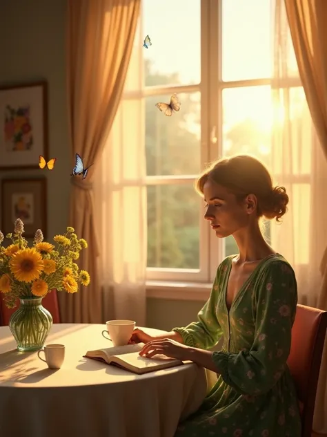  Make a woman,  40-year-old woman,  wearing a floral green dress , sitting at a table reading a book having a cup of tea in the living room of a country house, table next to a window with long curtains , sun rays passing through the window, sunrise, a vase...