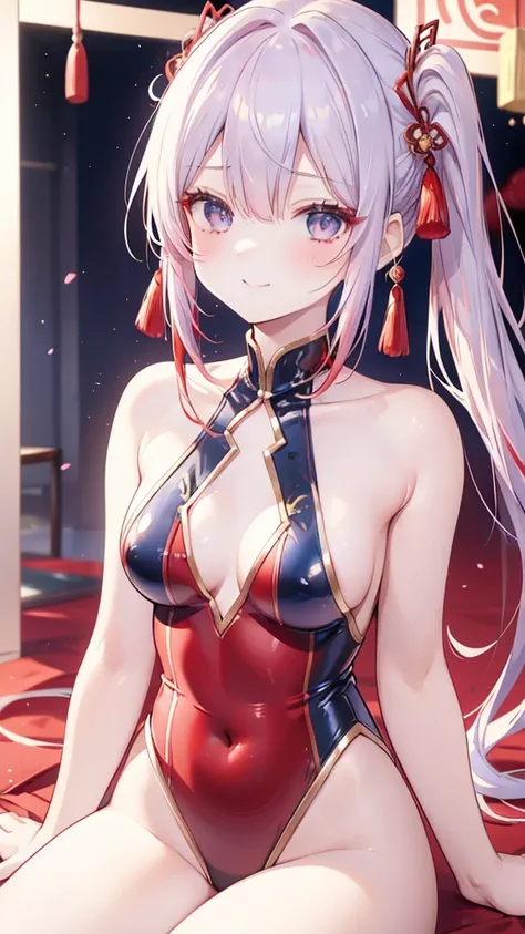 Silver Hair、Twin ponytails、 red gradient hair 、Navy Blue Hair Accessories 、 Gold Hair Accessory 、 Red and Navy Blue Strange Eyes、 Smile、长大了、Red Chinese Style Dress 、Red decoration、Red decoration、 gold decoration 、Shoulder Bare、Chest、 tights 、Chinatown， sho...