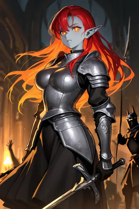 Impressive dinner,  red hair, , woman, With eyes glowing orange and gray skin,  pointy ear, Medieval villain in dark armor real, beautiful body with rare details, Hunger, Freedom before her, medium hard boobs and thin waist, strong body, Champion , Boss ! ...