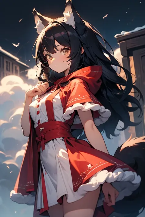  top quality,   super high resolution, illustration style, A cute junior high school werewolf girl,( small tits),Wolf ears、Wolf Tail、Figure of a wolf 、 fluffy body hair 、 semi-long black hair, brown eyes, Little Red Riding Hood,white and red costume、