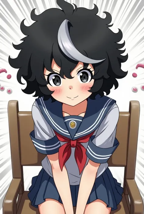  Make me images :  Boku comic panel at Hero Academia,  a girl with curly black hair with a silver lock,  black eyes, three spots on the cheek one on top of the other ,  a friendly and slightly inverted expression , Sitting in a student chair ,  wearing the...